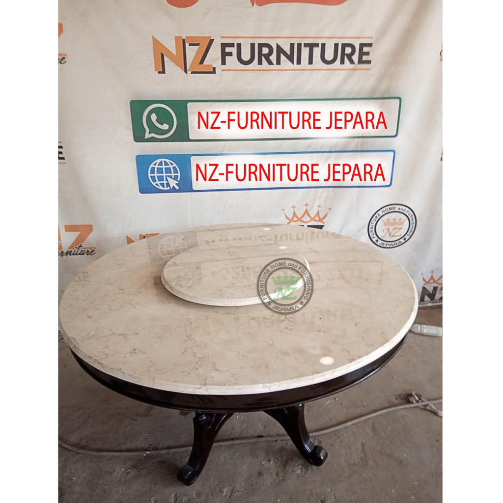 Meja Makan Bulat Marmer Putar - Meja Makan Jati - NZ Furniture