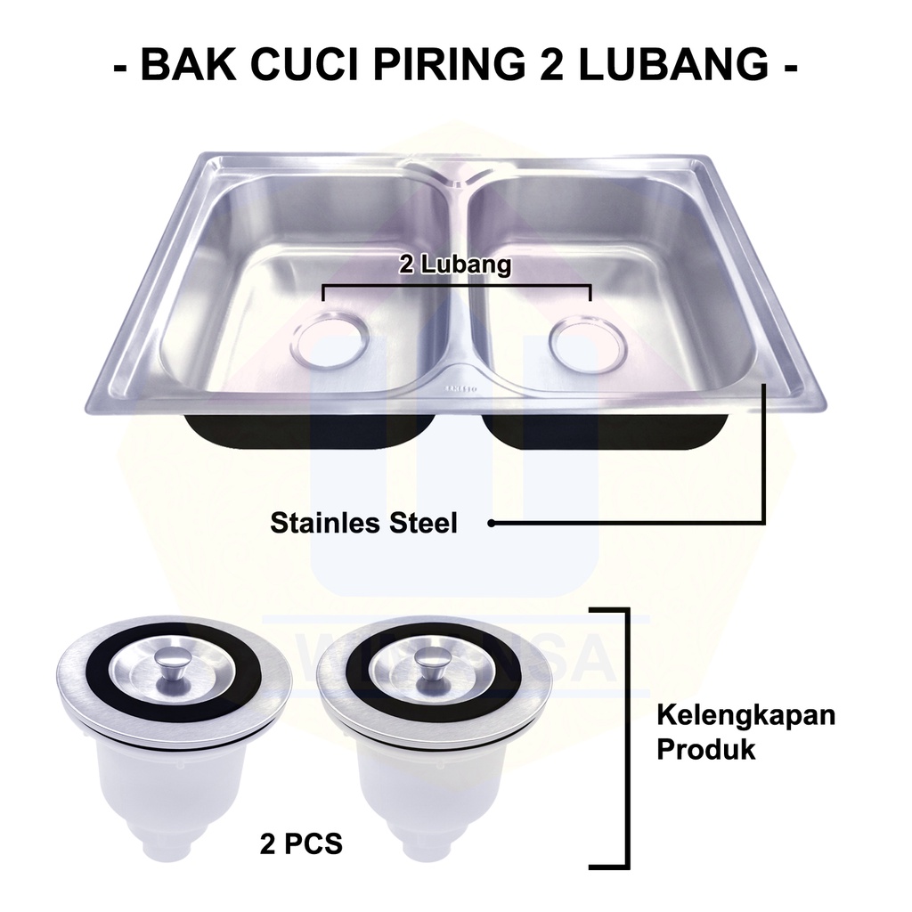 BAK CUCI PIRING 2 LUBANG ERNESTO SILVER - STAINLES STEEL