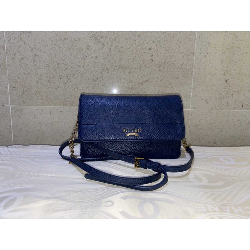 Tas slempang rantai sling bag brand ST SCOTT LONDON ORIGINAL - authentic leather - biru