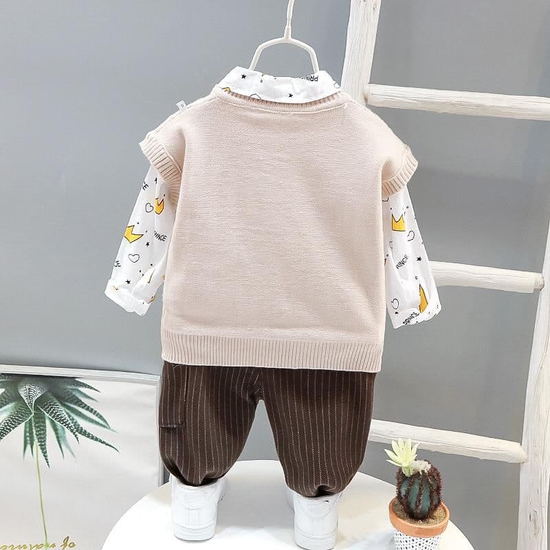 Promo !! Setelan baju anak cowok / setelan 3in1 crown prince vest rajut ukuran  1-3tahun / Setelan formal anak import /Oneset baju anak keren