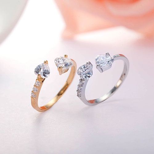 Hu Hu Hu Hu Hu Alat Bantu Pasang Kacamata♡ Cincin Open Ring Desain Hati Dobel Bahan Tembaga Hias Zirkon Untuk Wanita