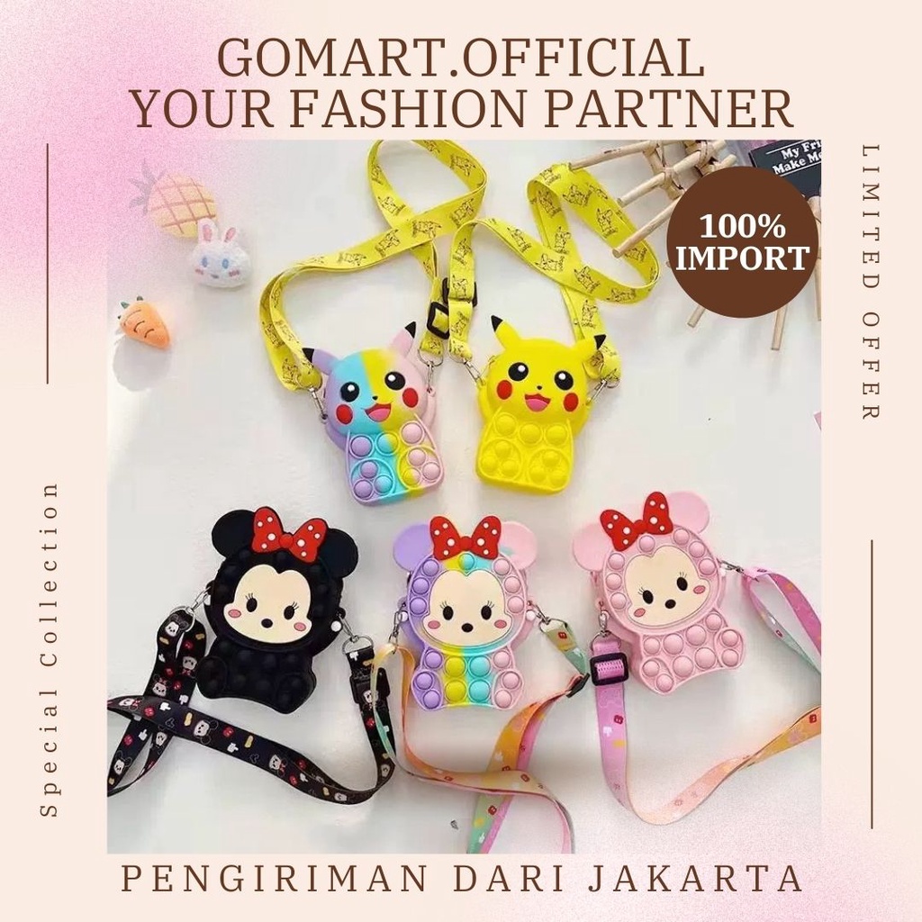 Tas Pop it Anak Lucu Import - Tas Selempang Anak Karakter Minnie Pikachu - Tas Pop It Terbaru Import - Tas Anak Lucu Pop It Fidget Toys JL12