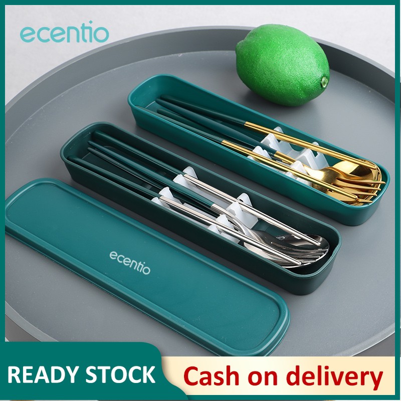 Ecentio 3 pcs sendok makan dengan kotak stainless steel sendok garpu