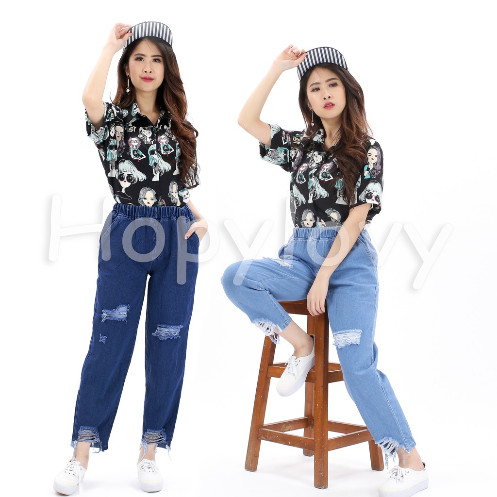 HOPYLOVY Celana  Boyfriend  Jeans Wanita  Pinggang Karet 