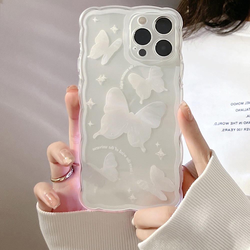 IPHONE Casing Ponsel Transparan Peri Kupu-Kupu Putih Untuk Iphone7 8 PLUS XR XS 11 12 13 14 MINI PRO MAX Se2020 Berbentuk Gelombang Soft Cover