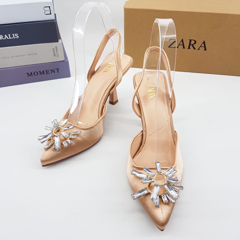 Gold Satin high heels 8cm stripe back by Zara flower transparant gasper Import high quality fashion 