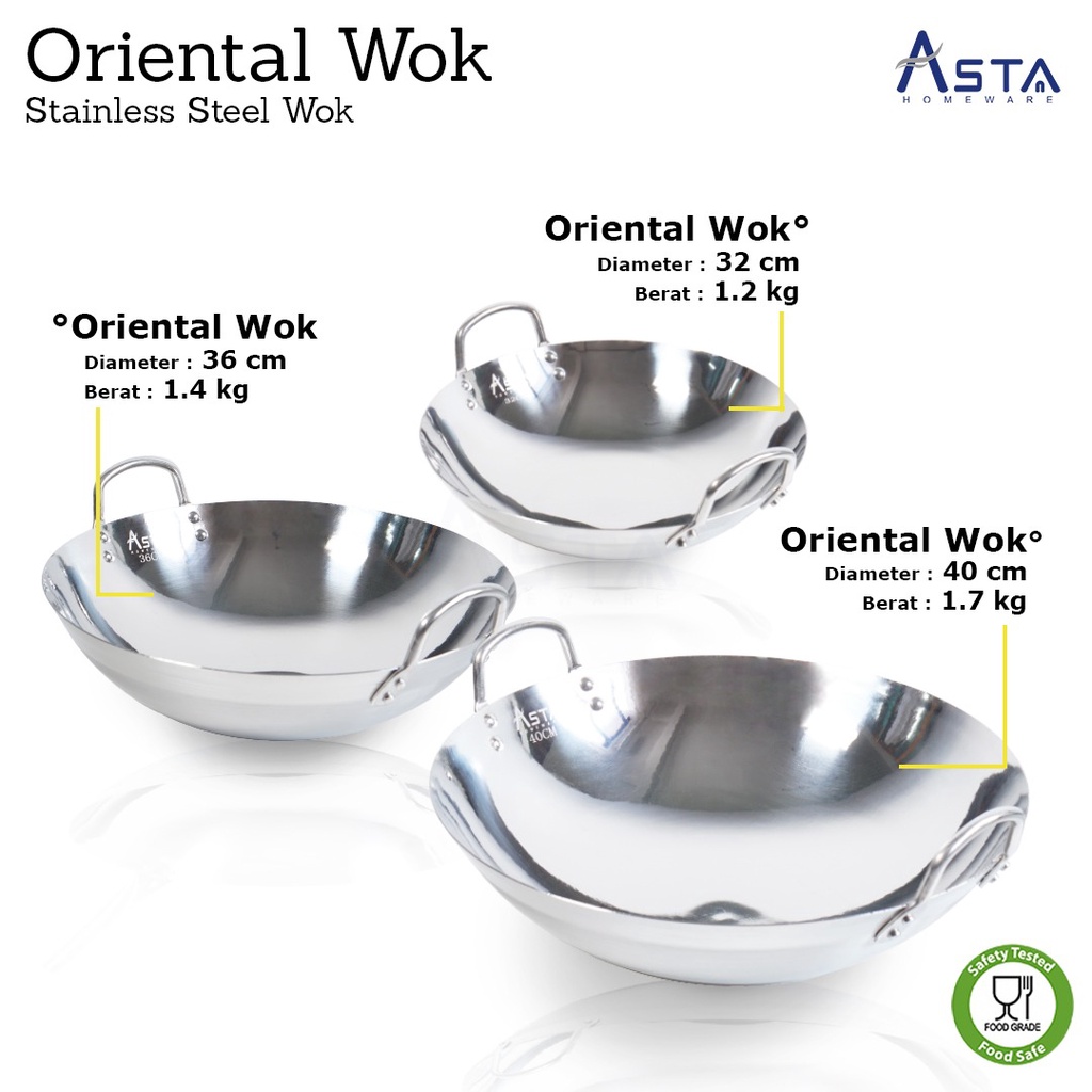 Asta Wajan  Penggorengan Profesional Stainless steel Deluxe Tebal - Oriental Wok Anti Lengket