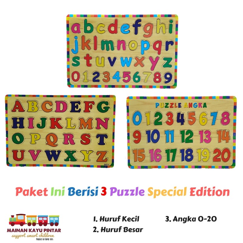 Paket Puzzle Kayu Special Edition Isi 3 / Huruf Kecil / Huruf Besar / Angka 0-20 Bisa COD