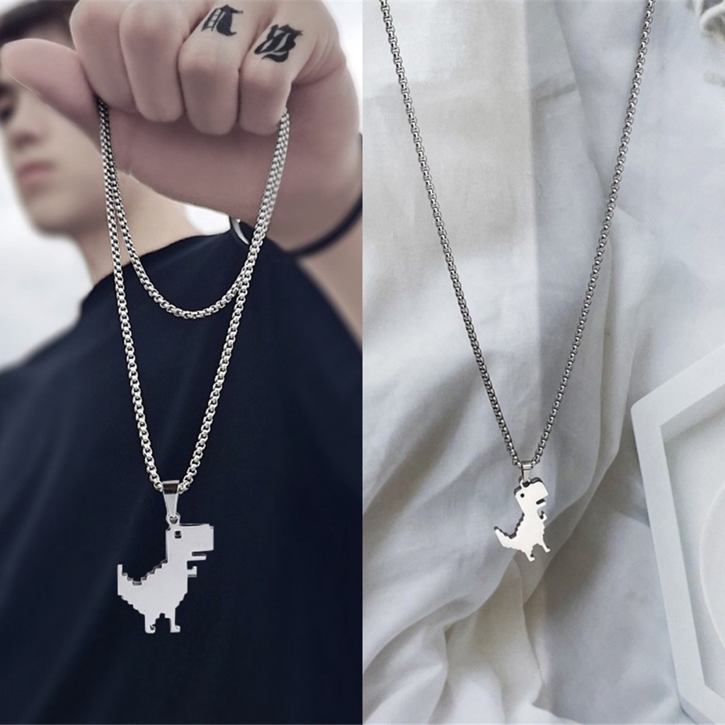 【COD Tangding】Kalung Rantai Liontin Dinosaurus Kecil Bahan Titanium Steel Gaya Hip Hop Untuk Aksesoris Pasangan