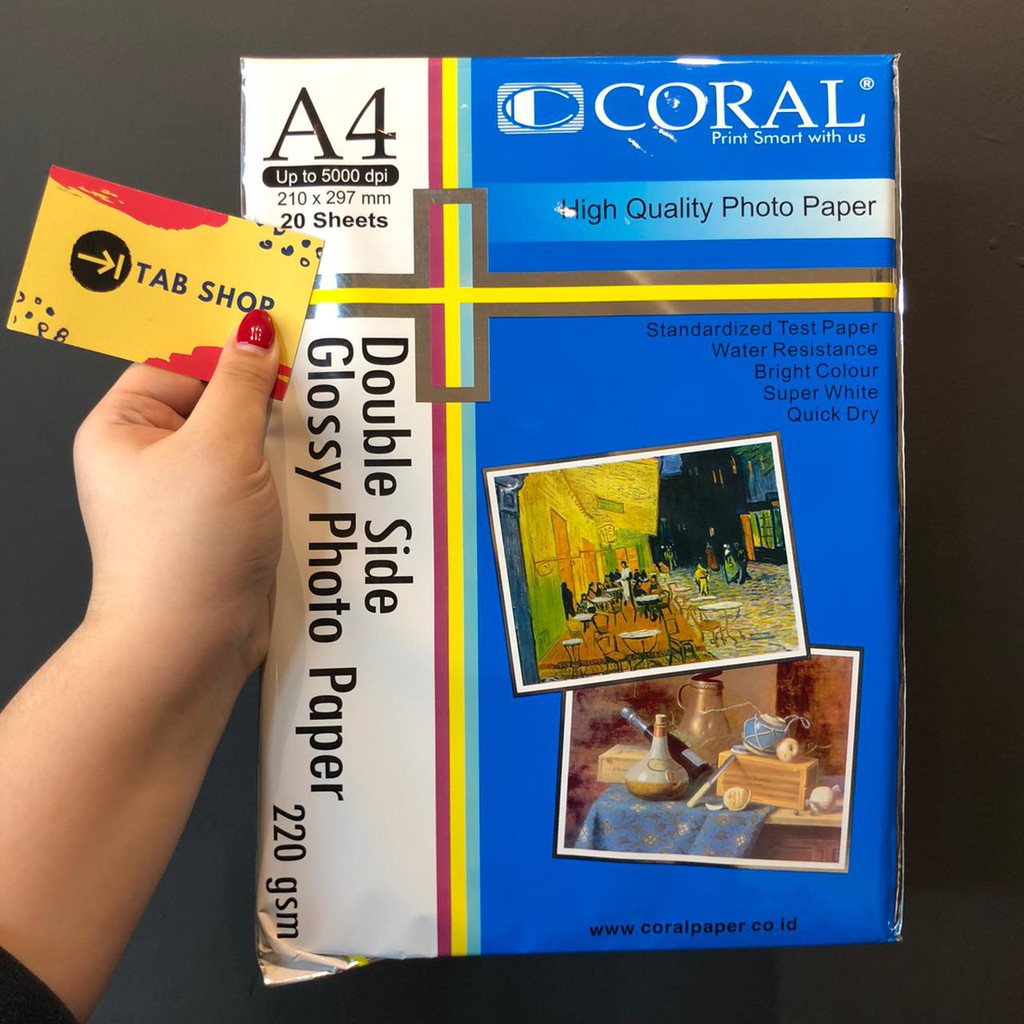 

TAB SHOP - CORAL DOUBLE SIDE GLOSSY PHOTO PAPER 220 GSM A4 20 LEMBAR - KERTAS FOTO GLOSSY 2 SISI A4 220 GSM