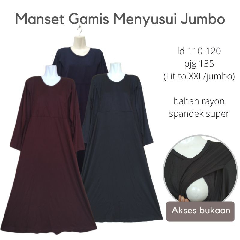 Baju manset gamis menyusui jumbo/XXL bukaan samping tanpa resleting