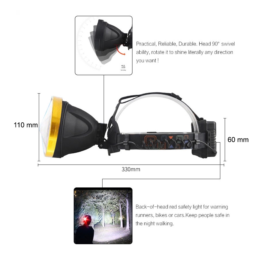 Senter Kepala 10 cm W604-1 Big Headlight LED 2000 Lumens USB Charge Waterproof