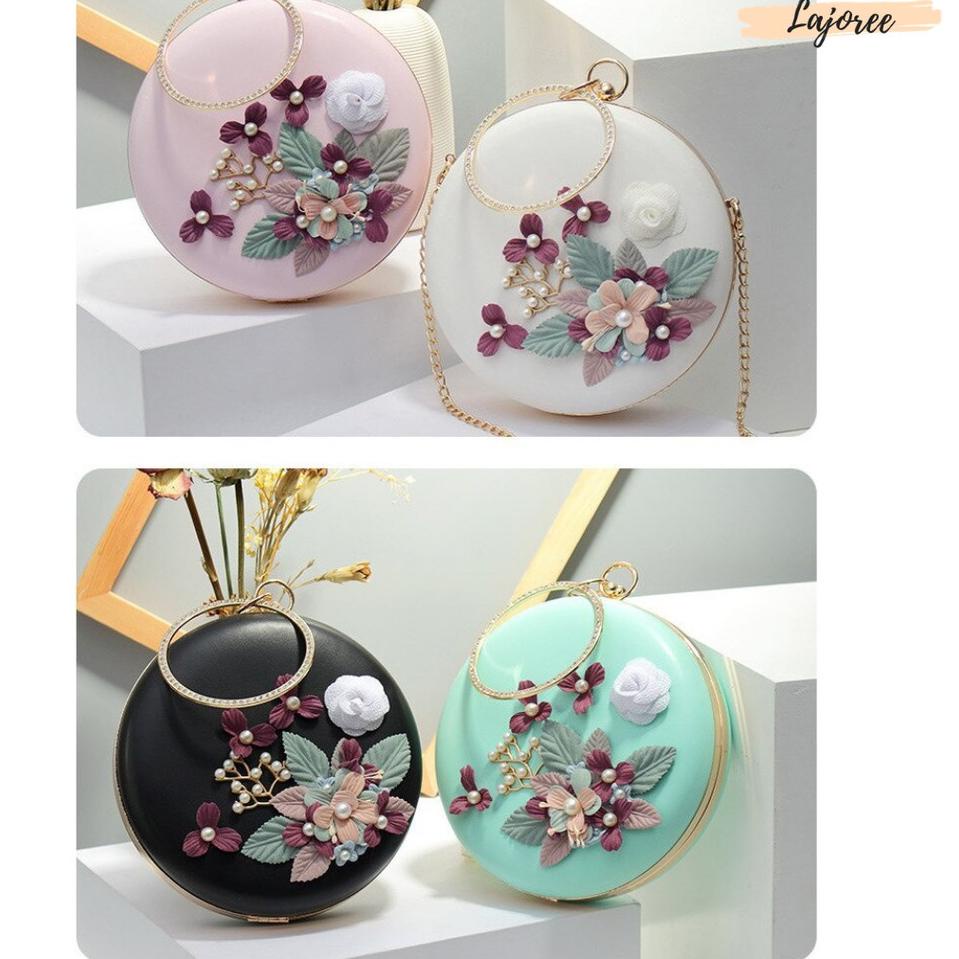 LAJOREE Tas Pesta Mewah Circle Motif Bunga Elegan SlingBag Bulat Wanita Import Ibu Ibu Kondangan Clu
