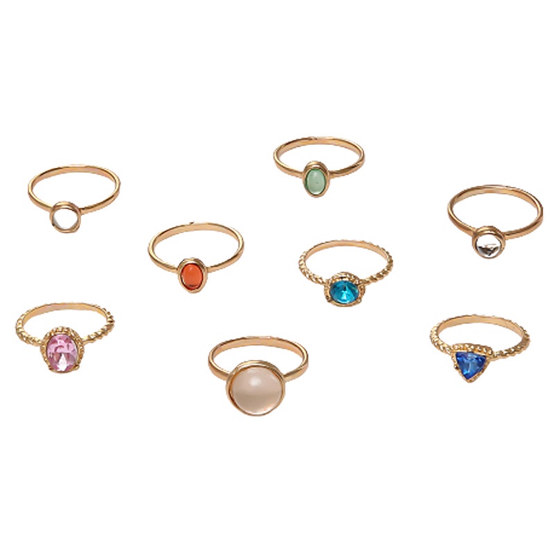 Fancyqube 8pcs / Set Perhiasan Cincin Rantai Batu Metalik Geometris Warna-Warni Gaya Vintage Korea Untuk Wanita