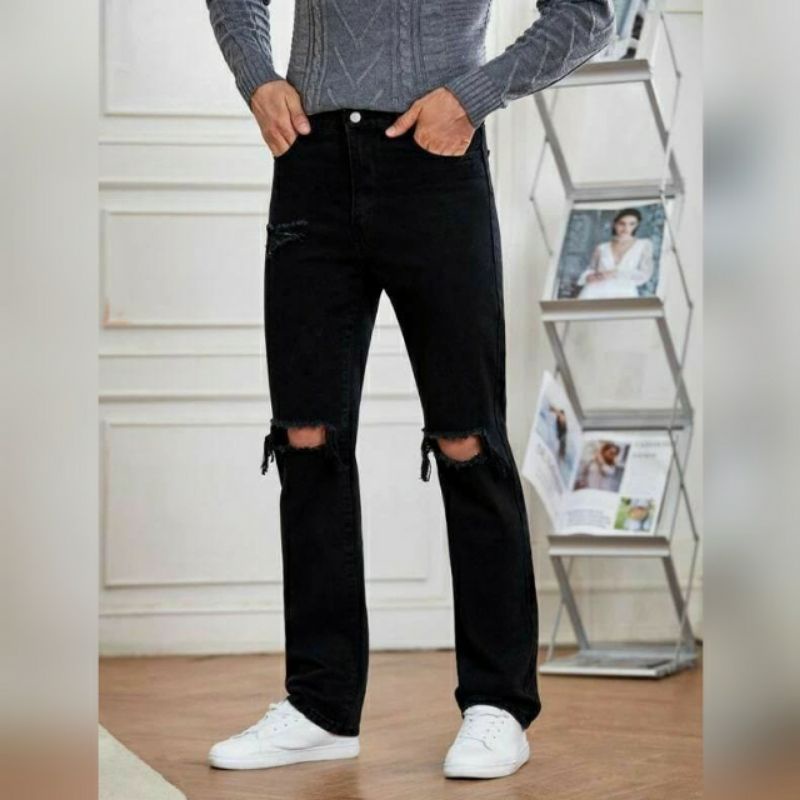 CELANA SOBEK PRIA RIPPED JEANS STANDAR REGULER BASIC PREMIUM HITAM 27-38