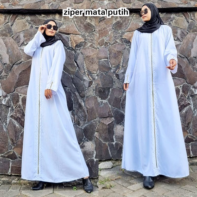 Abaya Putih Turkey Gamis Dress Arab Saudi Bordir Turki India Dubai Ziper Mata Putih Eksklusif Terbar