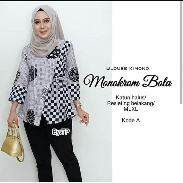 BLOUSE KIMONO MONOKROM BOLA BATIK GARUTAN TALI SAMPING LENGAN 3/4 ABU GREY KEKINIAN ANAK MUDA MURAH