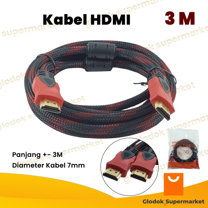 Kabel HDMI 3M Cable HDMI to HDMI Jaring Merah Hitam HDTV 3 Meter