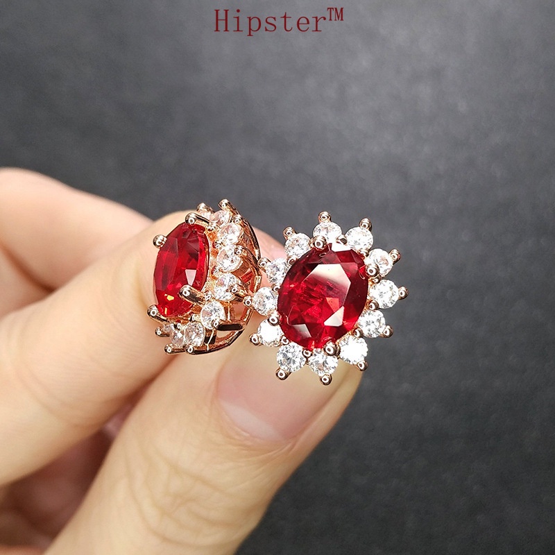 Fashion Personality Affordable Luxury Full Diamond SUNFLOWER Red Crystal Colored Gems Earrings