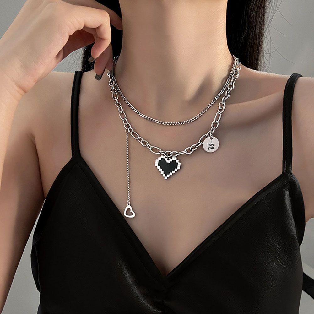 Lily Kalung Lapisan Ganda Punk Hip Hop Hati Fashion Perhiasan Necklaces Untuk Wanita Rantai Klavikula