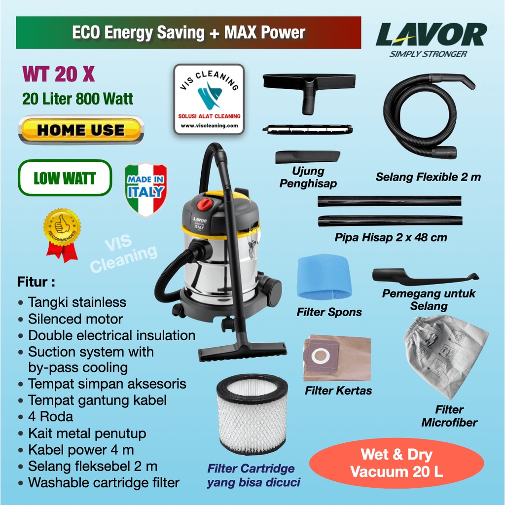 Vacuum Cleaner 20 L Low Watt High Power - Lavor WT 20 X