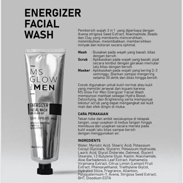 MS Glow For Men Sabun Wajah Energizer Facial Wash 3in1 Wash Scrub dan Masker