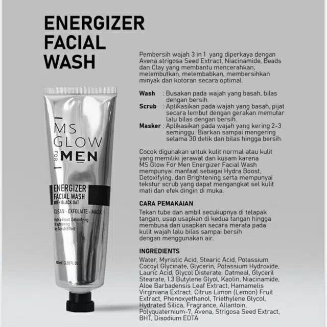 MS Glow For Men Sabun Wajah Energizer Facial Wash 3in1 Wash Scrub dan Masker