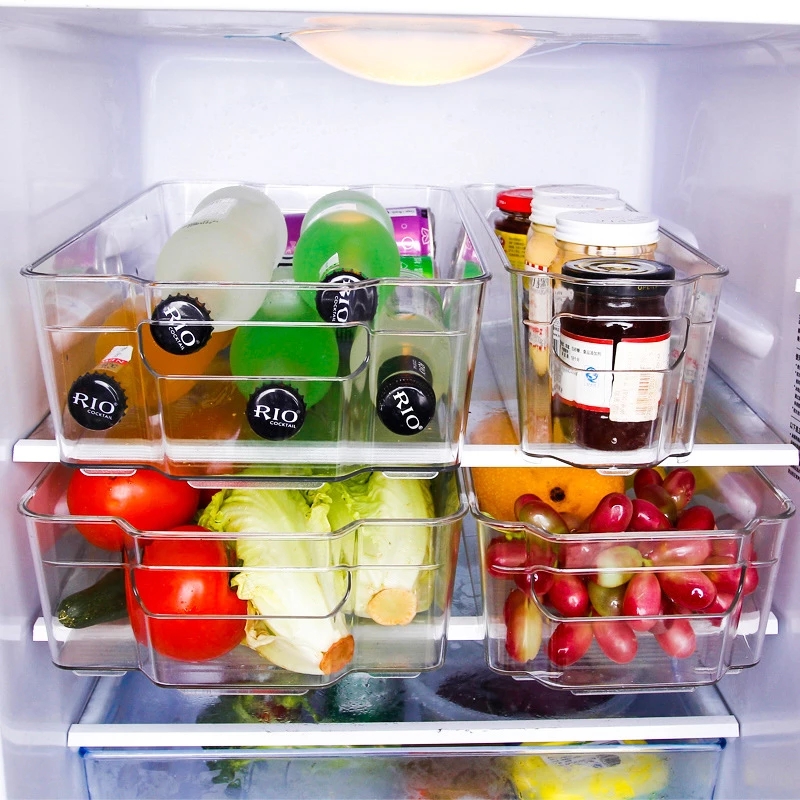 Clear Refrigerator Organizer Stackable Boxes, Kitchen Organizers with Cutout Clear Plastic Handle Pantry Food Storage