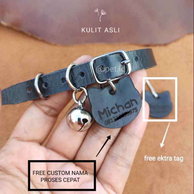 iPet KALUNG KUCING KULIT ASLI CUSTOM NAMA PLUS LONCENG FREE EXTRA BANDUL ANTI