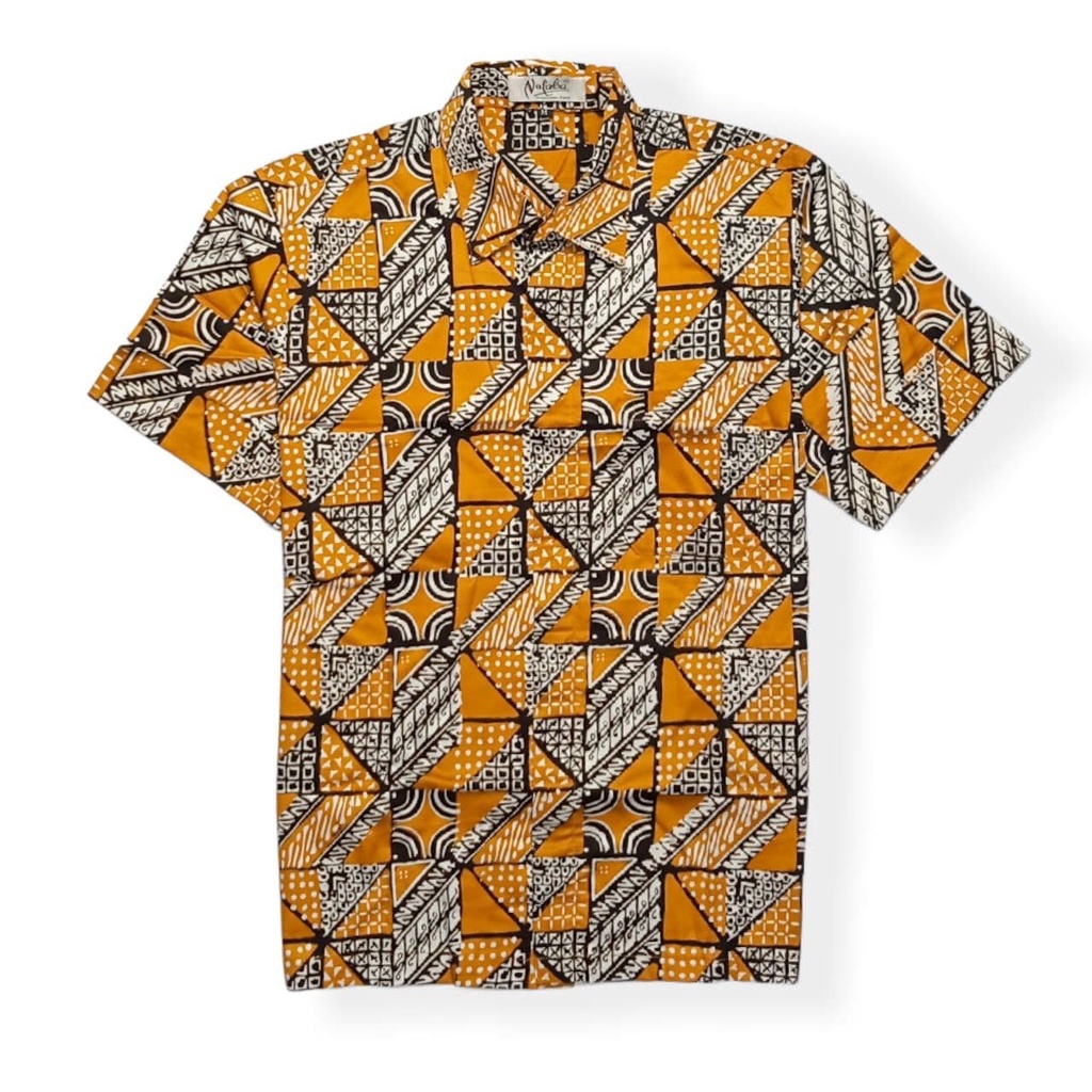 Kemeja Batik Pria Lengan Pendek Oren Abu-Abu Motif Batik Tambal