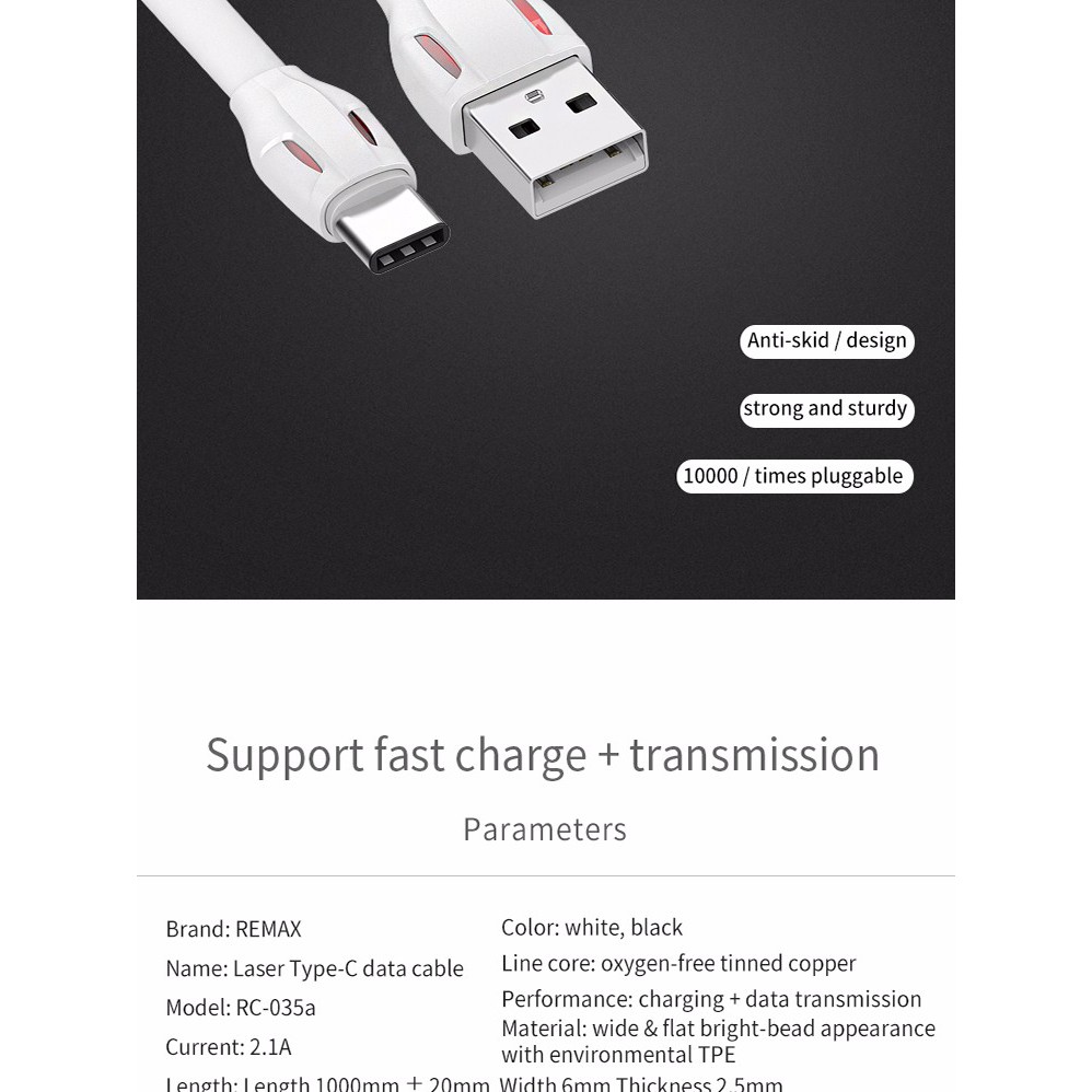 Remax Laser Type C Rc 035a Fast Charge and Data Cable / kabel 100% Ori