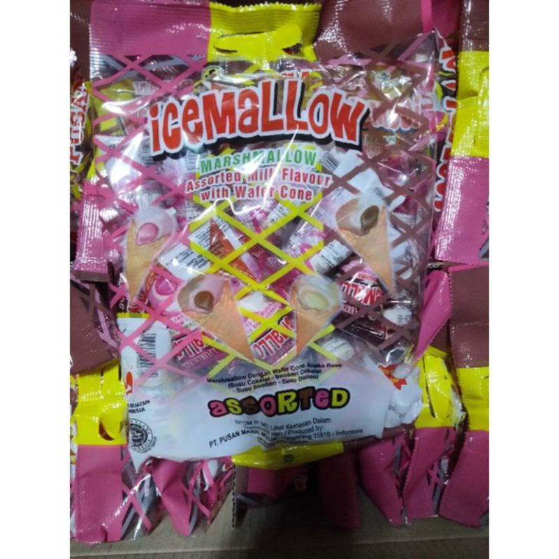 Pusan Ice Mallow / Marshmellow Assorted Milk Flavour With Wafer Cone Pack Isi 20 Pcs