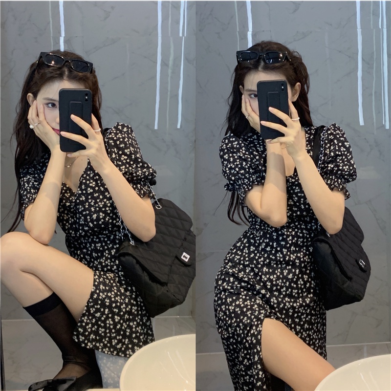 Mini Dress Bahasa Perancis Leher Persegi Floral Gaun Wanita Hitam Pinggang Celah Rok Panjang Perteng