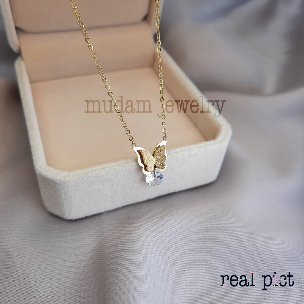 Kalung Titanium Kupu-Kupu Diamond Gantung Tersedia Warna Rosegold, Gold dan Silver