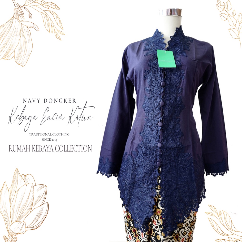 Kebaya Encim Kartini Katun Bordir Modern Navy Dongker Halimah Lengan Panjang Jumbo