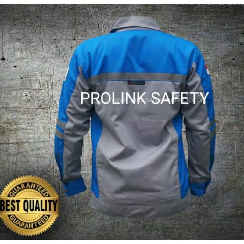 BAJU SERAGAM SAFETY SEMI JAKET FREE LOGO K3 BENDERA KAIN DRILL BIRU ABU