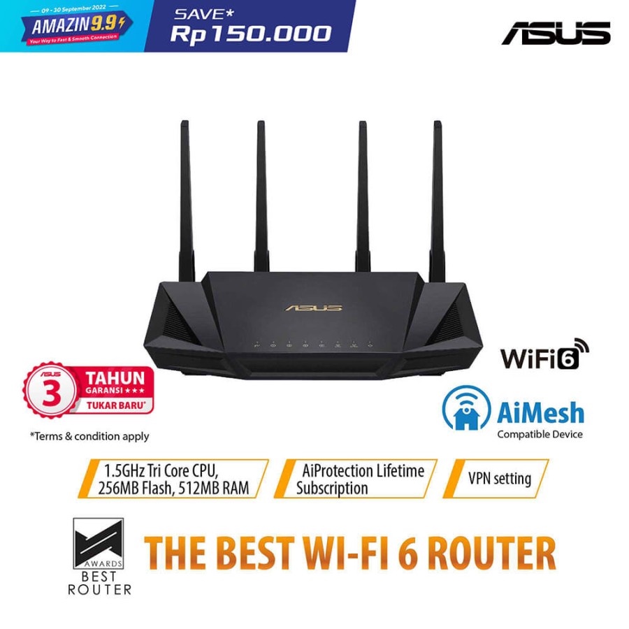 ASUS RT-AX3000 Dual Band WiFi 6 Router AX3000 RT-AX3000