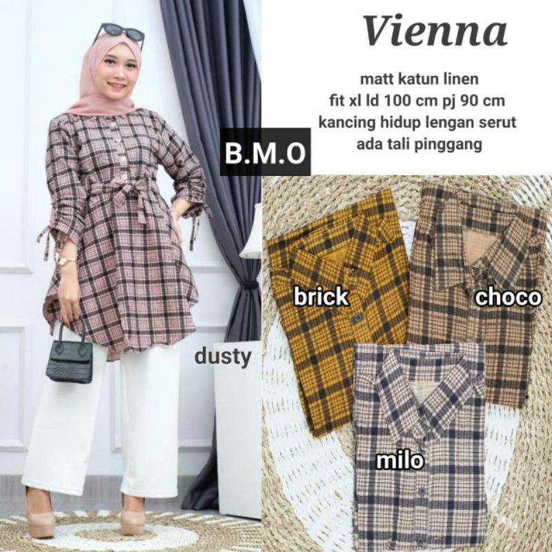 Tunik Katun Muslimah Tali Perut Lengan Serut Panjang Motif Kotak Atasan Wanita Kekinian Terbaru