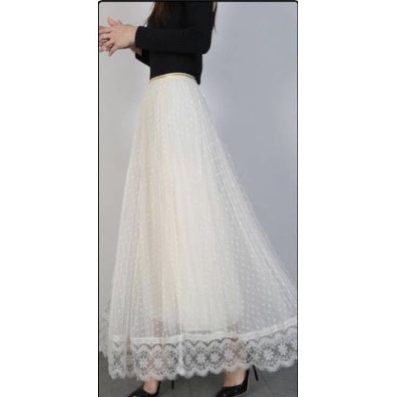 ROK PANJANG WANITA TUTU DOTI POLKADOT DEWASA MURAH BERKUALITAS DI JAMIN FULL RENDA BAWAH TERBARU( POLLKA DOTI RENDA )-Putih