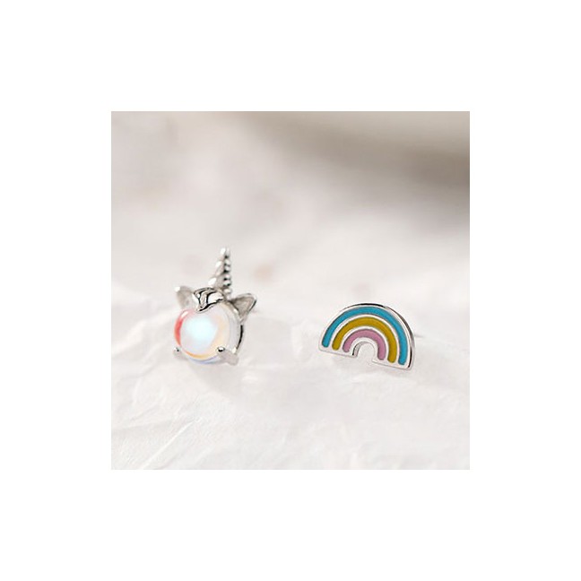 LRC Anting Tusuk Fashion Silver Copper Plated Real Gold Rainbow Aurora Unicorn Asymmetric Stud