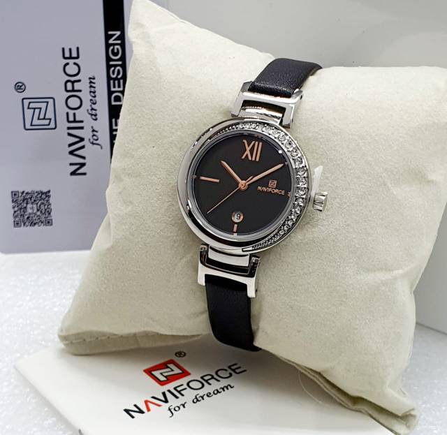 Jam Tangan Wanita Naviforce Original Tali Kulit Tanggal Aktif