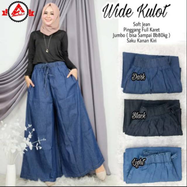 Wide Kulot Wanita Jeans Jins Jumbo Big Size Pinggang Full Karet Polos