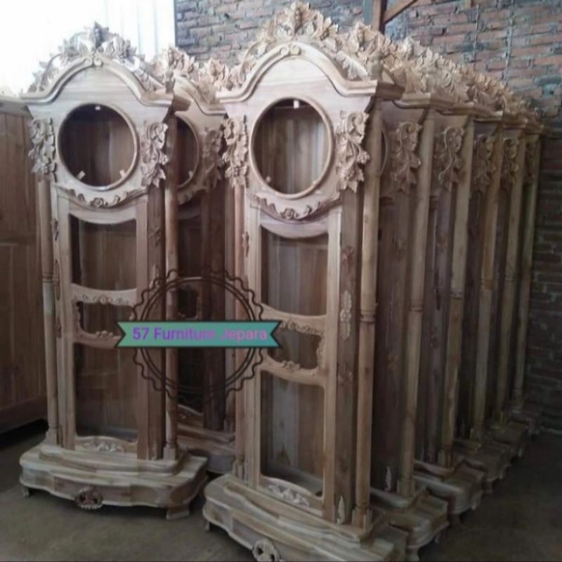 Lemari jam hiasan masjid/rumah besar ukir Jepara kayu jati mentahan