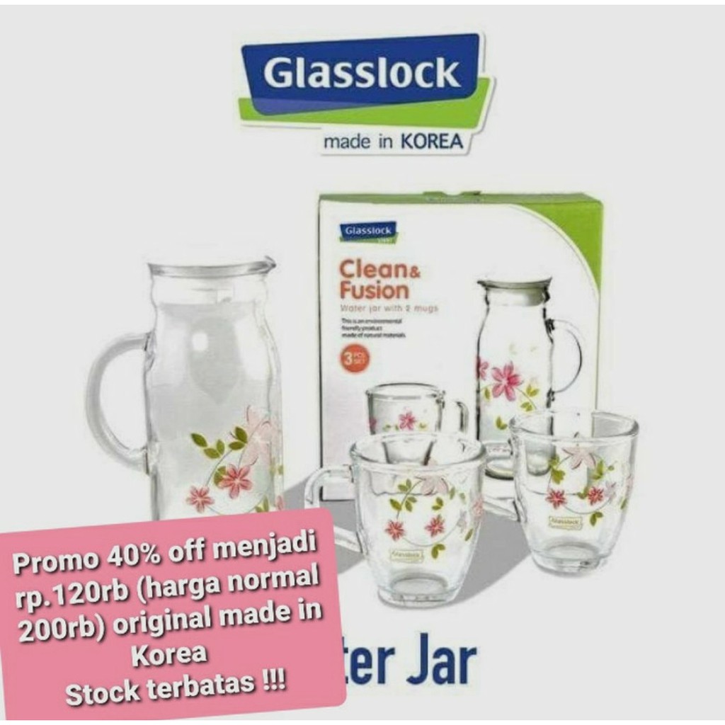 Promo Glasslock - Water Jar + 2 Mug Asli Dari Pasir Kaca Kwarsa - Made in Korea