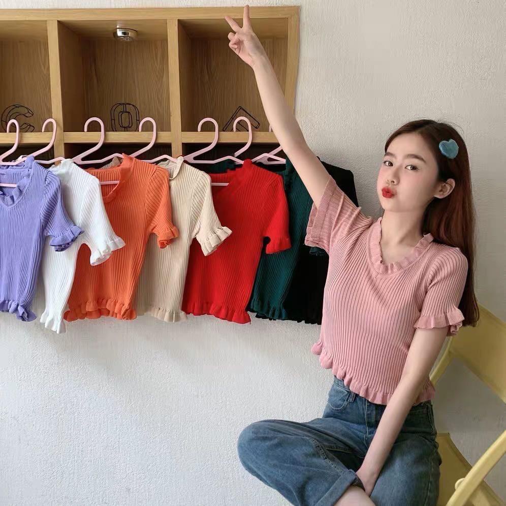 Baju Crop Rajut Kriwil Wanita - Tshirt Crop Rajut Kriwil Pendek/ Korean Ruffle Neck T-Shirt Kaos Rajut Wanita C207