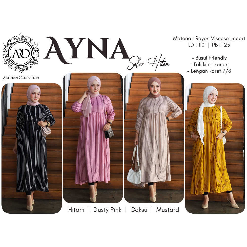 [ARDHANFASHION.ID] AYNA SALUR HITAM-  Casual Daily Dress Gamis Long Tunik Motif Garis Vertikal Bahan