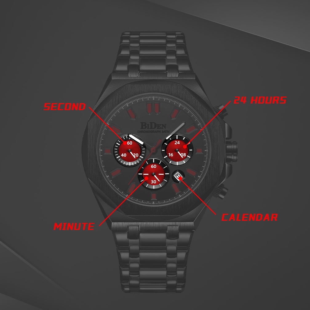 BIDEN Jam Tangan Pria Mode Bisnis Pria Tahan Air Kuarsa Tali Stainless Steel Multifungsi Dial Jam Tangan
