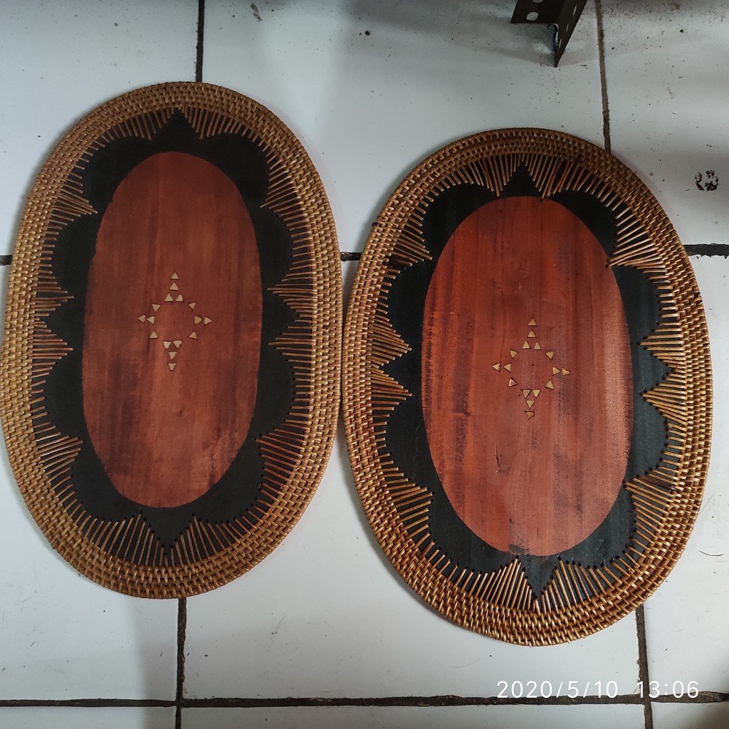 placemat rotan/anyaman rotan/tatakan piring rotan/alas makan rotan/oval motif songket 25x35cm