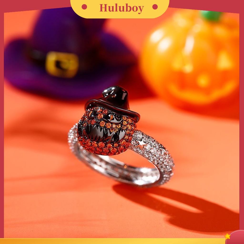 Hu Hu Hu Hu Hu Alat Bantu Pasang Kacamata♡ Cincin Desain Kartun Labu Wajah Bintang Aksen Berlian Imitasi Tahan Lama Untuk Pria Dan Wanita