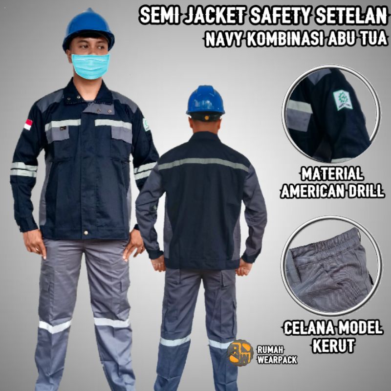 Setelan Semi Jaket Safety  dan Celana Safety Warna Navy Kombinasi Abu Tua